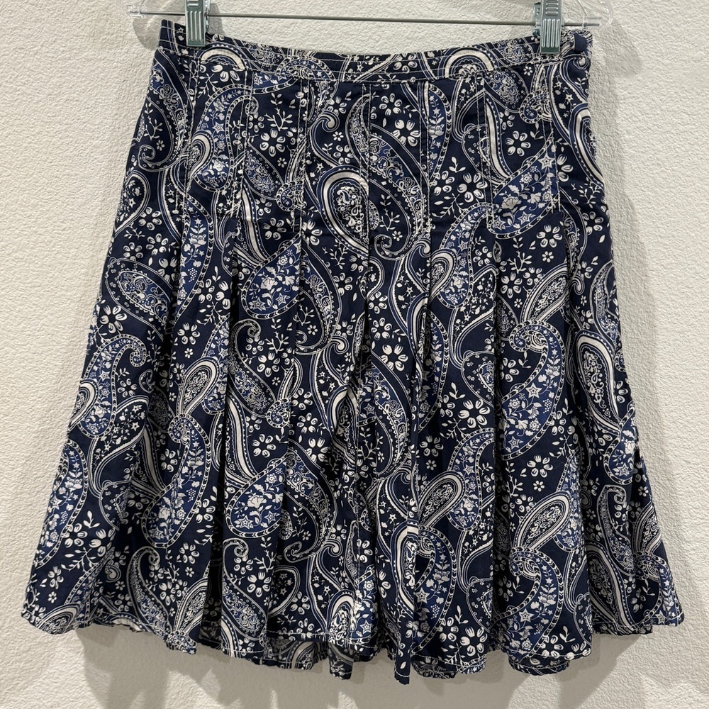 Tommy Hilfiger Blue White Paisley Floral A Line Pleated Fit Flare Cotton Skirt 4